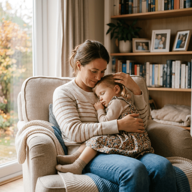 Mother sitting on armchair hugging a sleeping child in a floral dress