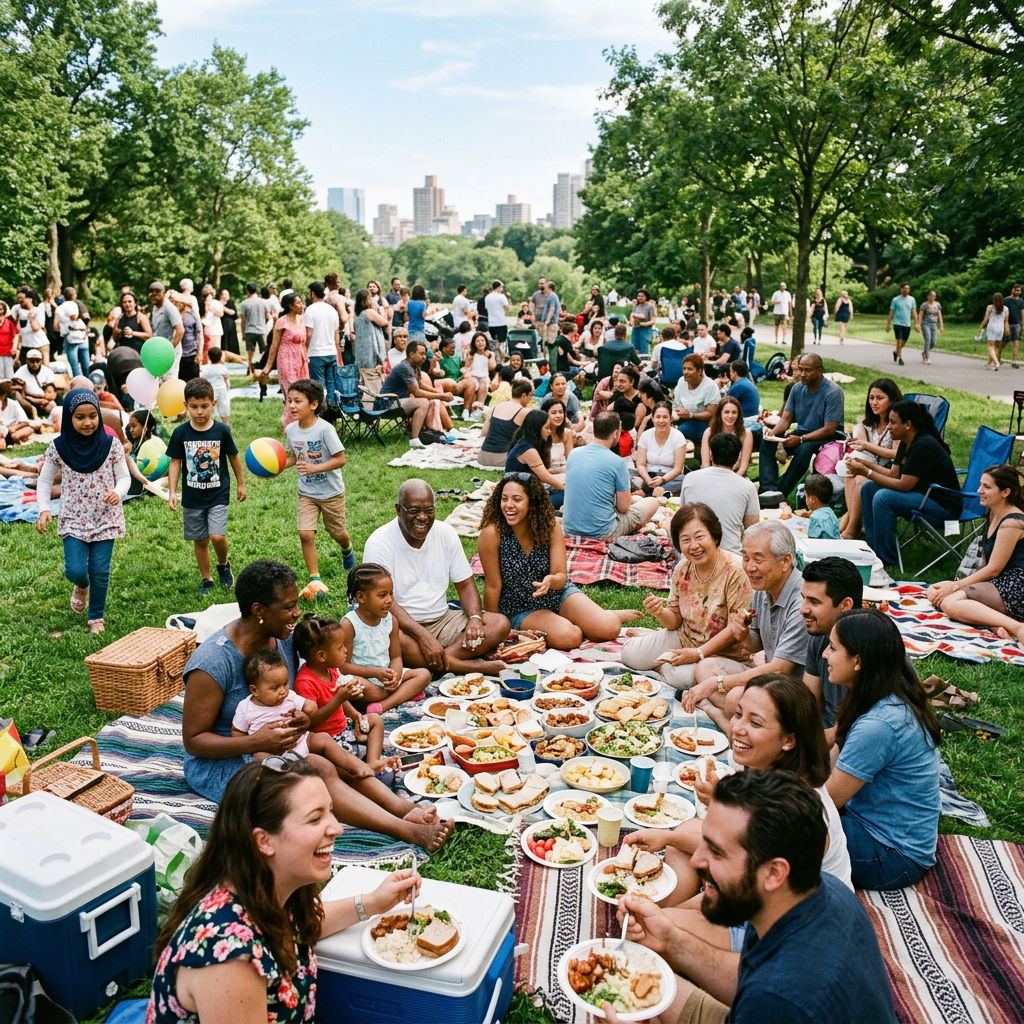 Diverse group having a picnic on grass with food and drinks in a city park