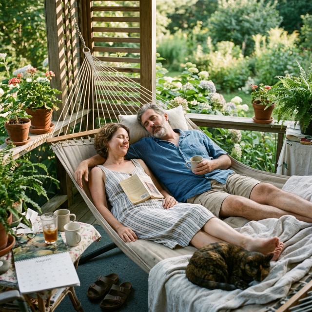 Couple relaxing in a hammock on a plant-filled balcony with a cat nearby