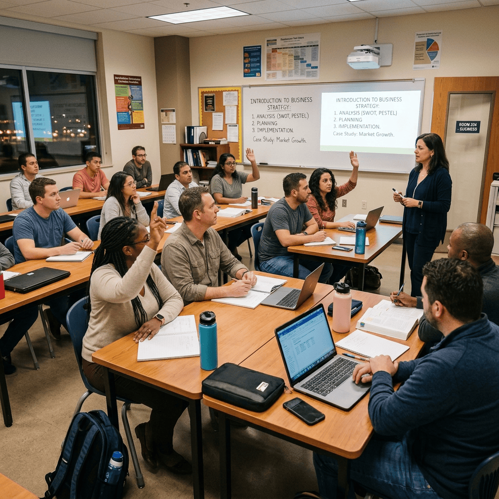 Instructor presents business strategy to students in classroom