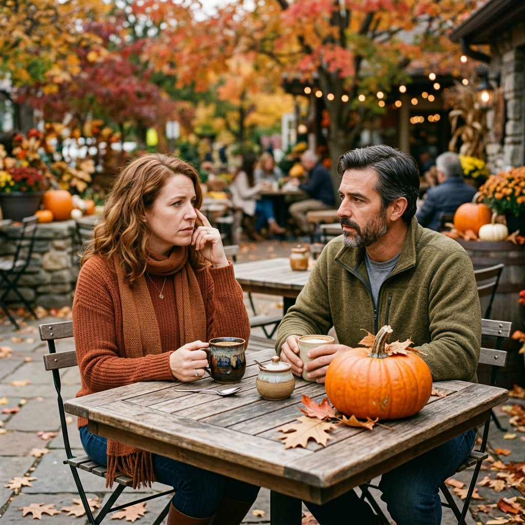 Couple laughing over coffee at an autumn café table with a pumpkin